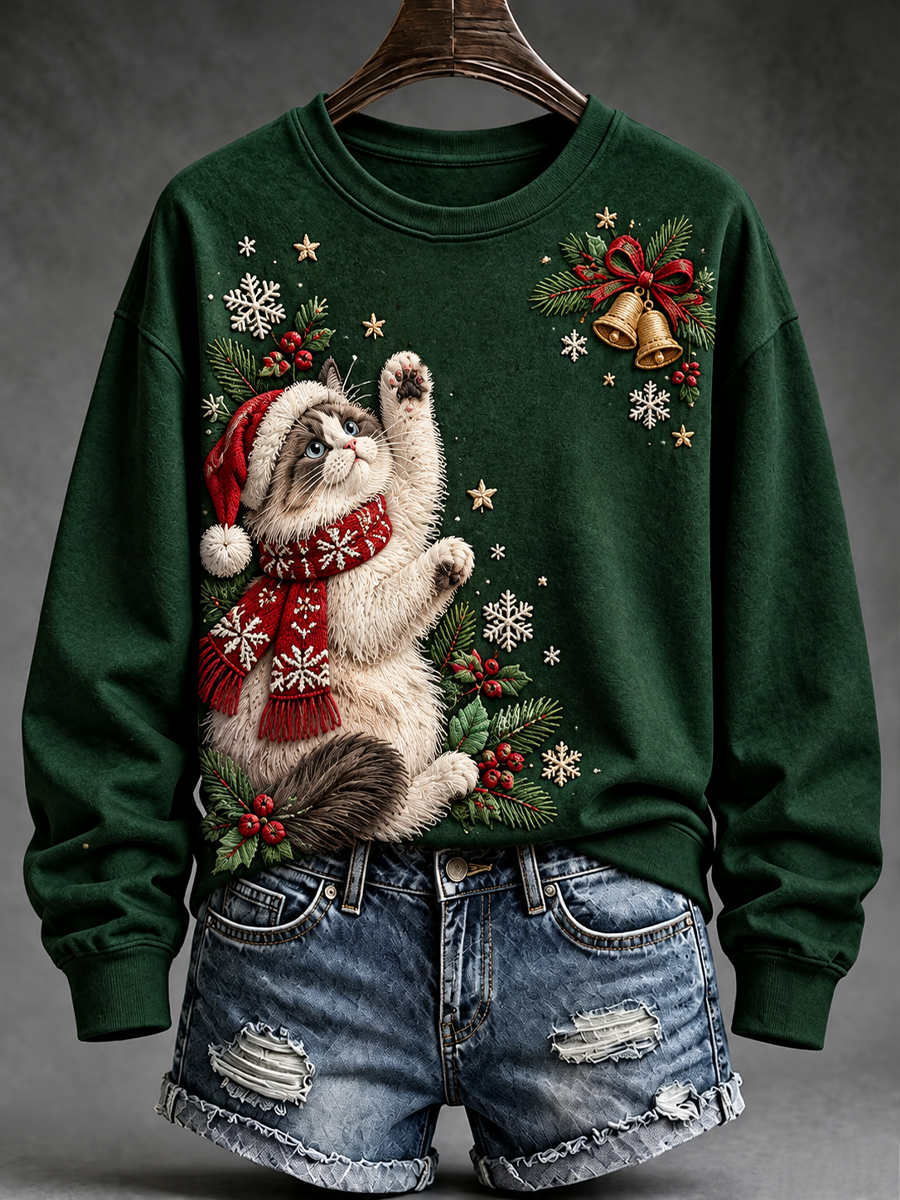 Women's Christmas cat print Regular Sweatshirt