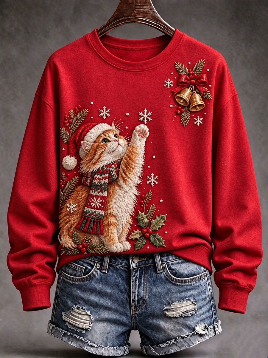 Women's Christmas cat print Regular Sweatshirt