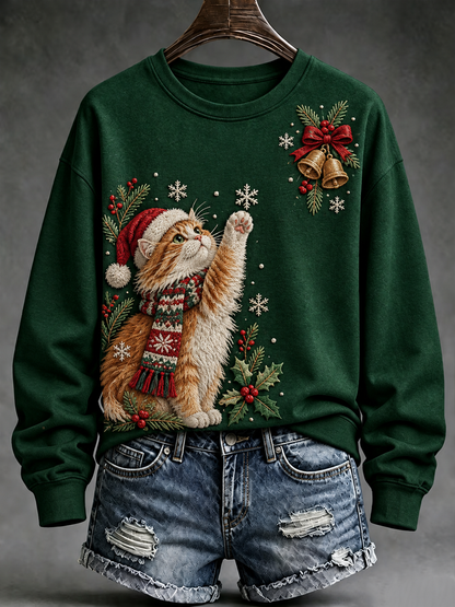Women's Christmas cat print Regular Sweatshirt