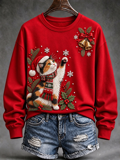 Women's Christmas cat print Regular Sweatshirt