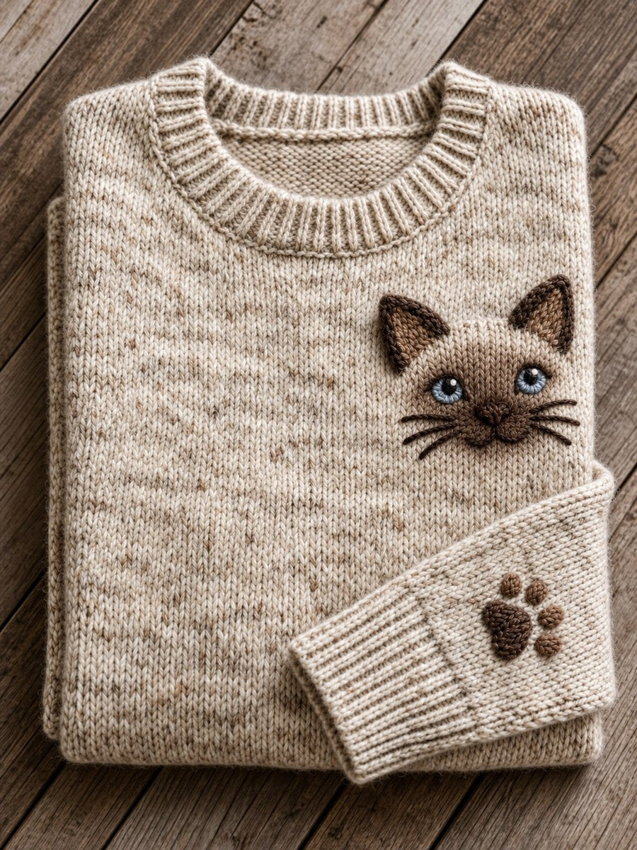 Women's Lovely Seal Point Siamese Cat Face & Paw Print crew neck sweater