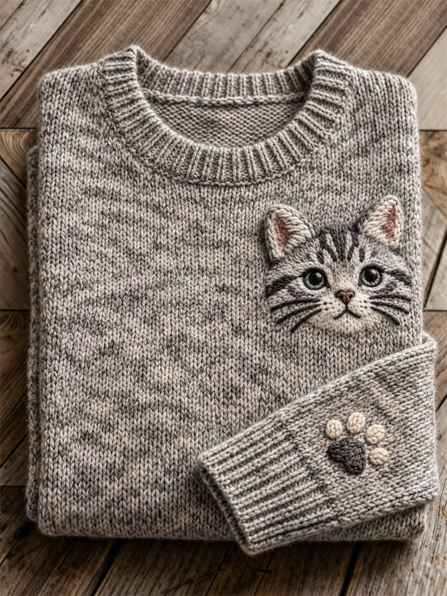 Women's Lovely American Shorthair Tabby Cat Face & Paw Print crew neck sweater