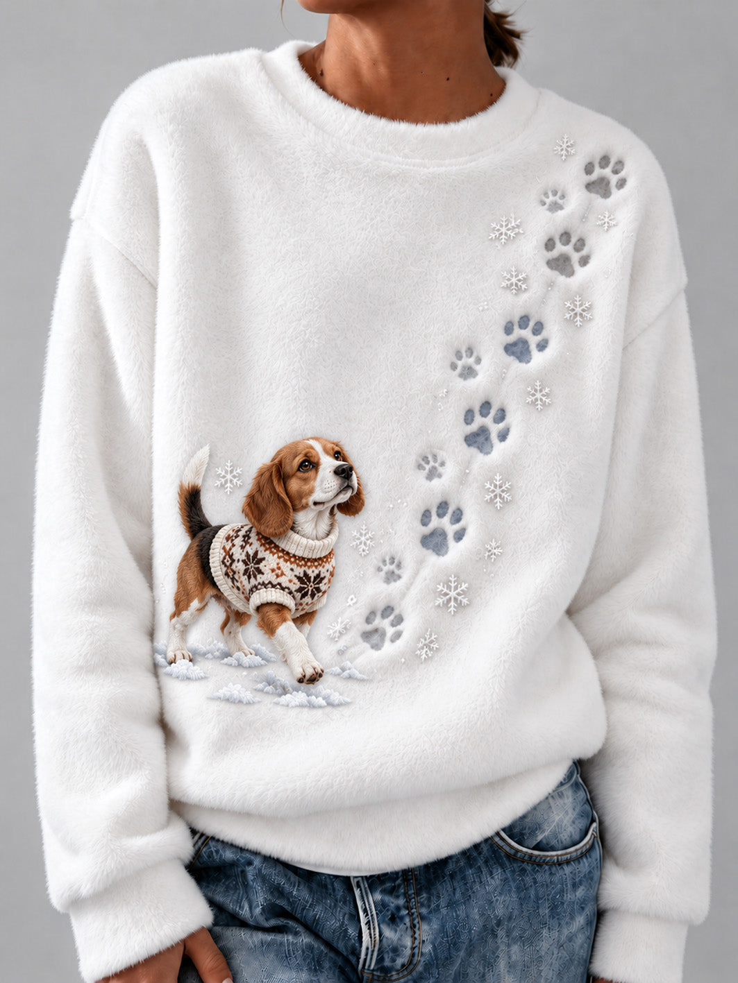 Women's Winter Snowy Beagle Pattern Casual Flannel Sweatshirt