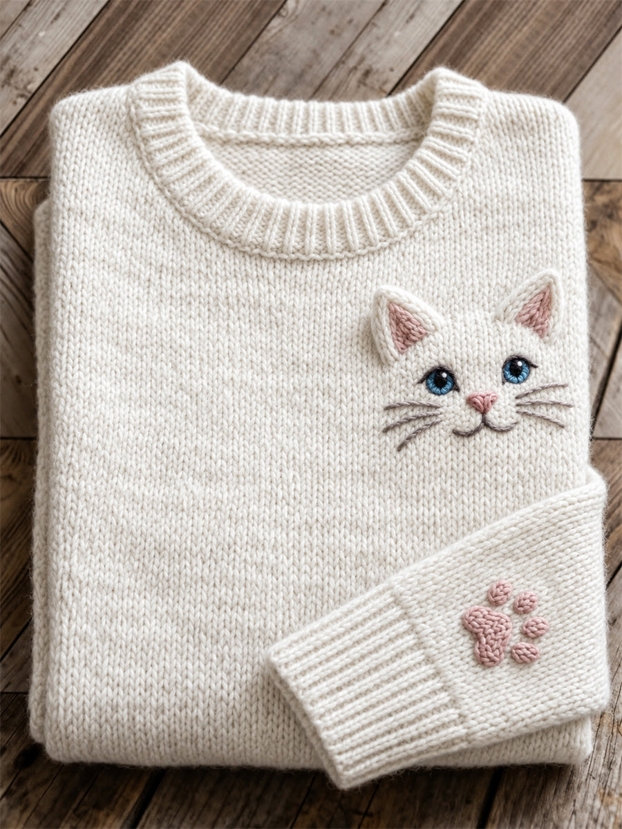 Women's Lovely White Cat Face & Paw Print crew neck sweater