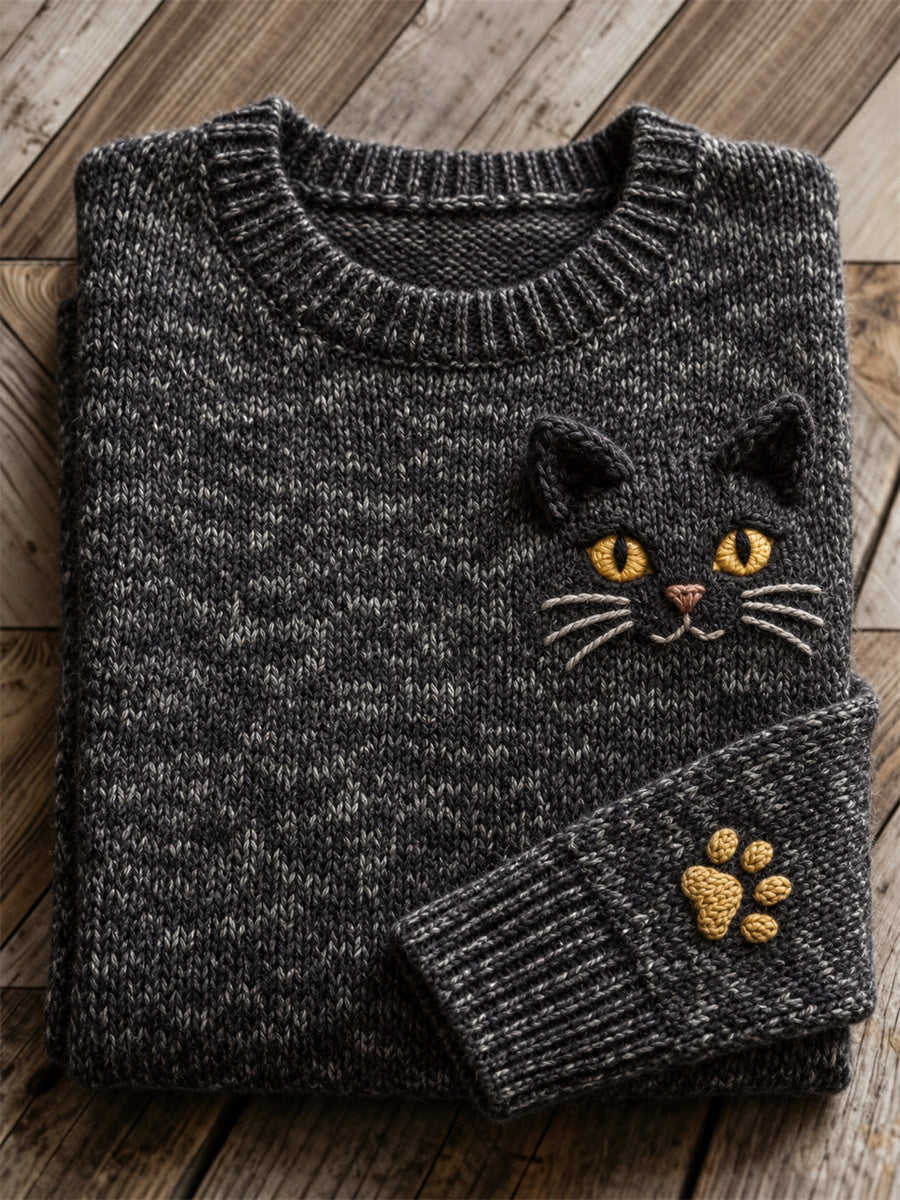 Women's Lovely Black Cat Face & Paw Print crew neck sweater
