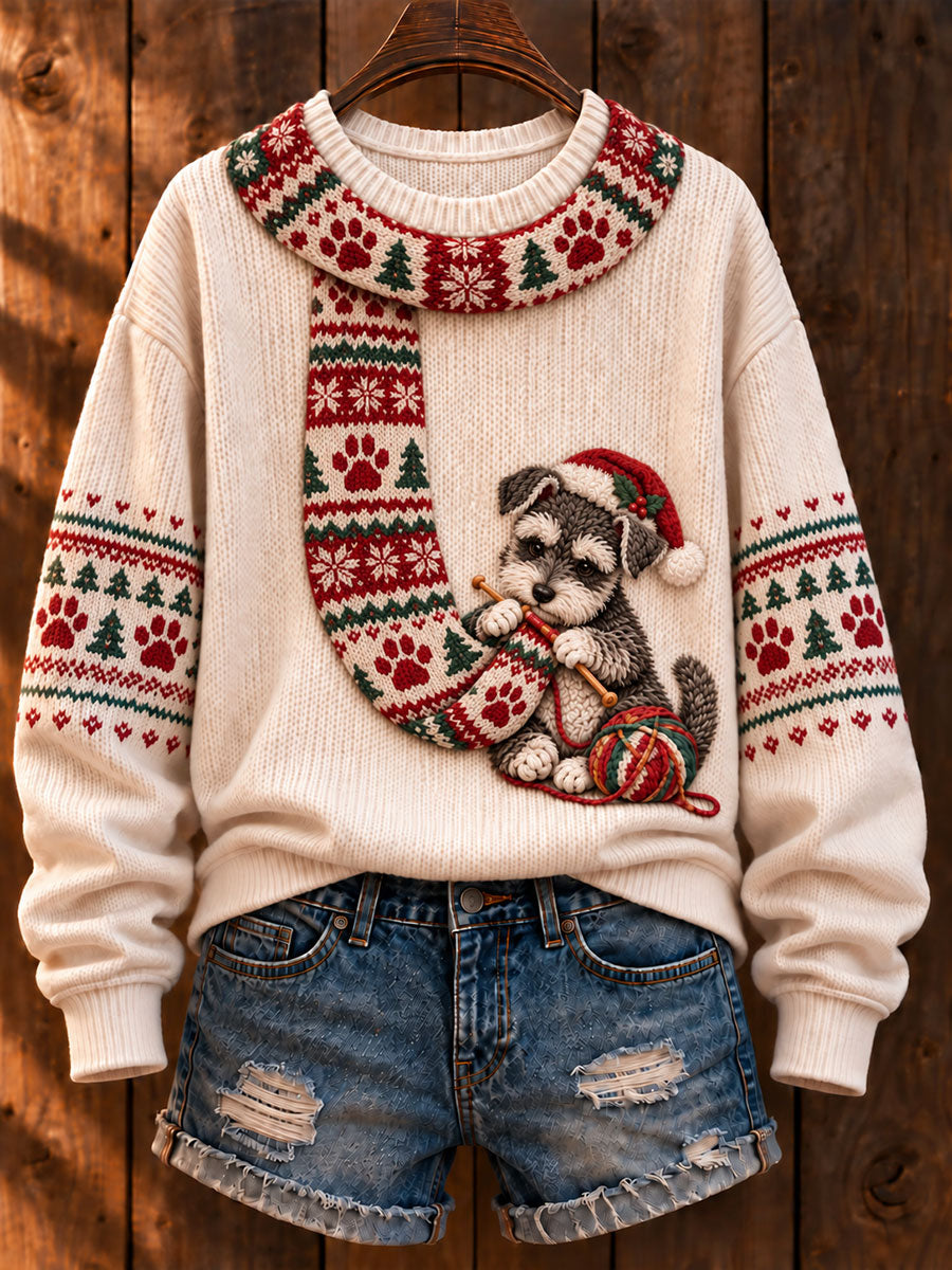 Women's Christmas 'Schnauzer Knitting a Scarf' Printed Casual Sweater
