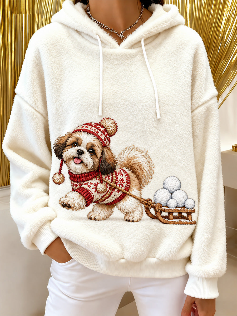 Women's Cute Dog Print Flannel Hoodie