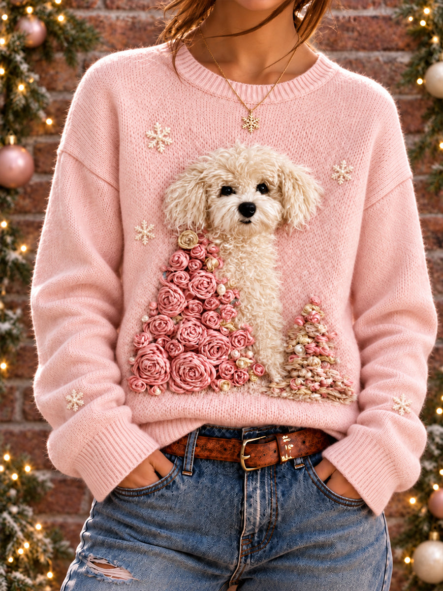 Women's Cute Christmas Dog Art Printed Sweater