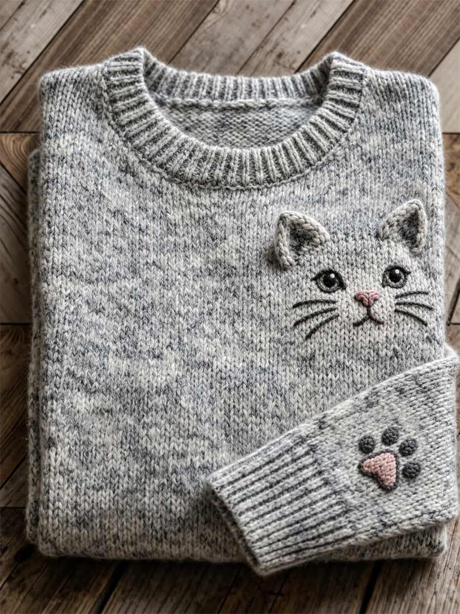 Women's Lovely Cat Face & Paw Print crew neck sweater