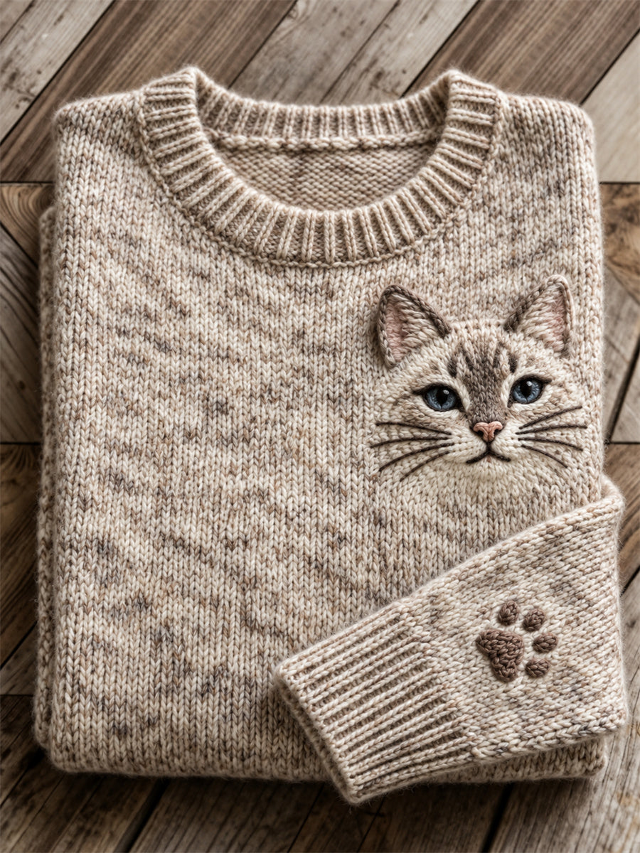 Women's Lovely Mackerel Tabby Cat Face & Paw Print crew neck sweater