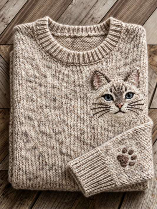 Women's Lovely Mackerel Tabby Cat Face & Paw Print crew neck sweater