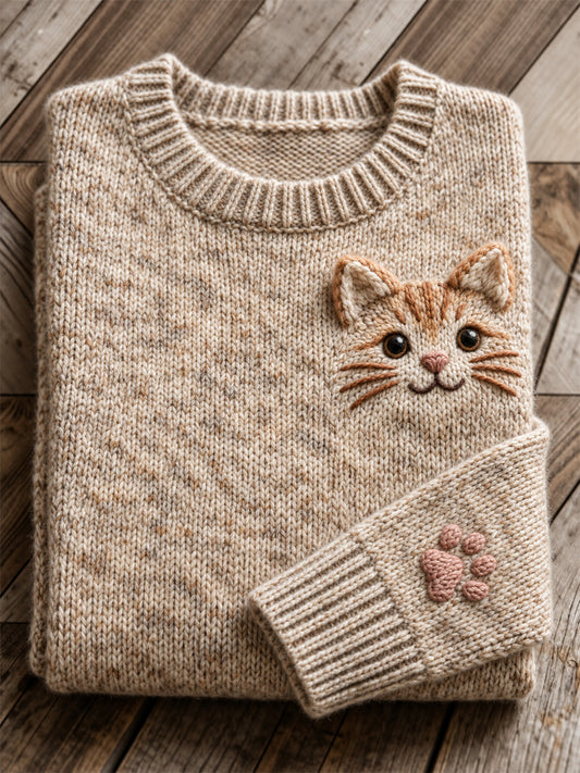 Women's Lovely Ginger Tabby Cat Face & Paw Print crew neck sweater