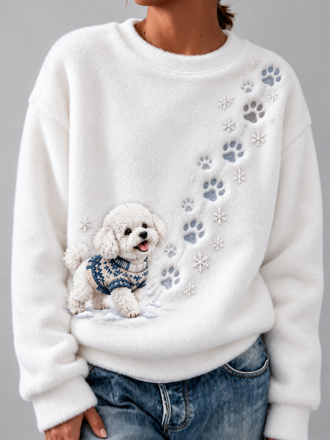 Women's Winter Snowy Bichon Frise Pattern Casual Flannel Sweatshirt