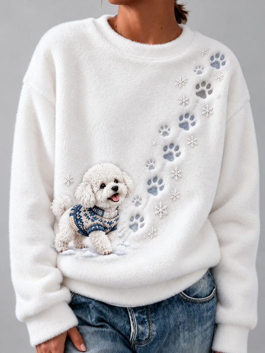 Women's Winter Snowy Bichon Frise Pattern Casual Flannel Sweatshirt