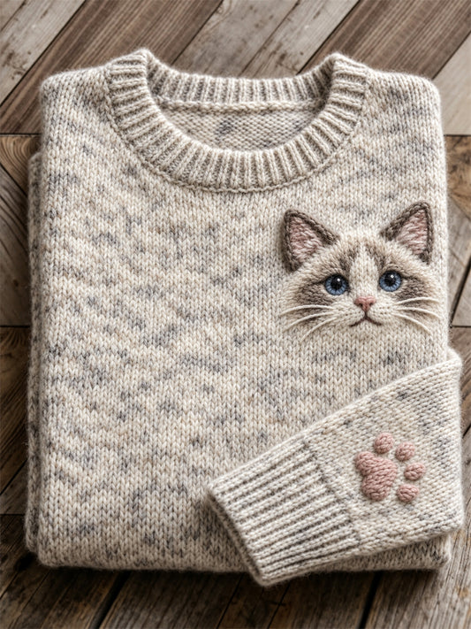 Women's Lovely Ragdoll Cat Face & Paw Print crew neck sweater