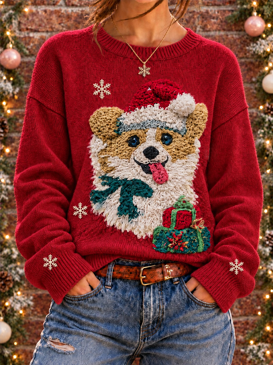 Women's Cute Christmas Dog Art Printed Sweater