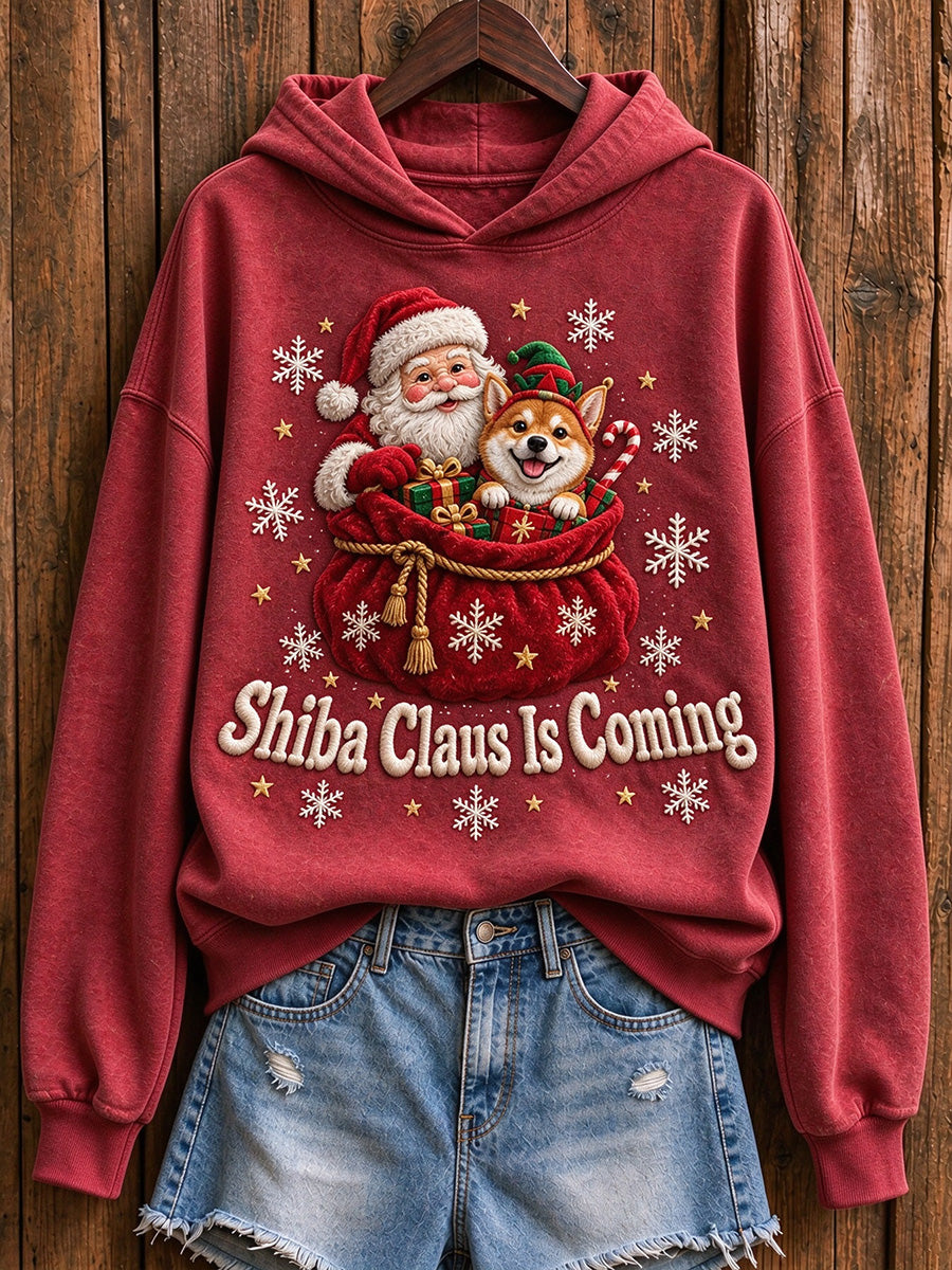 Women's Shiba Claus Is Coming Christmas Print Hooded Sweatshirt
