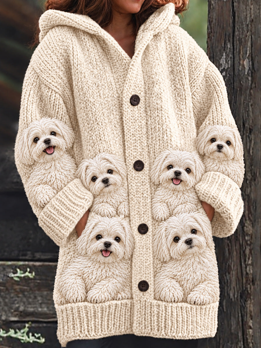 Women's Vintage Crowded Maltese Dogs Print Cozy Composite Fleece Long Coat