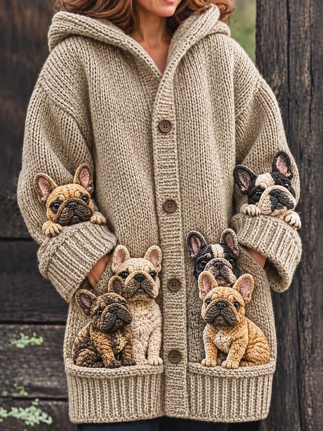 Women's Bulldogs Pattern Causal Composite Fleece Long Coat