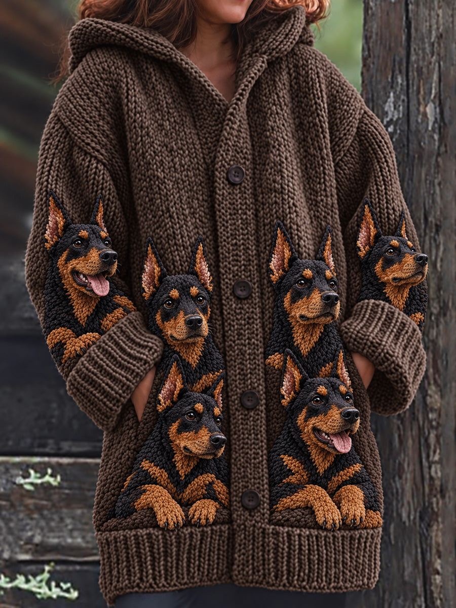 Women's Vintage Crowded Doberman Pinscher Dogs Print Cozy Composite Fleece Long Coat