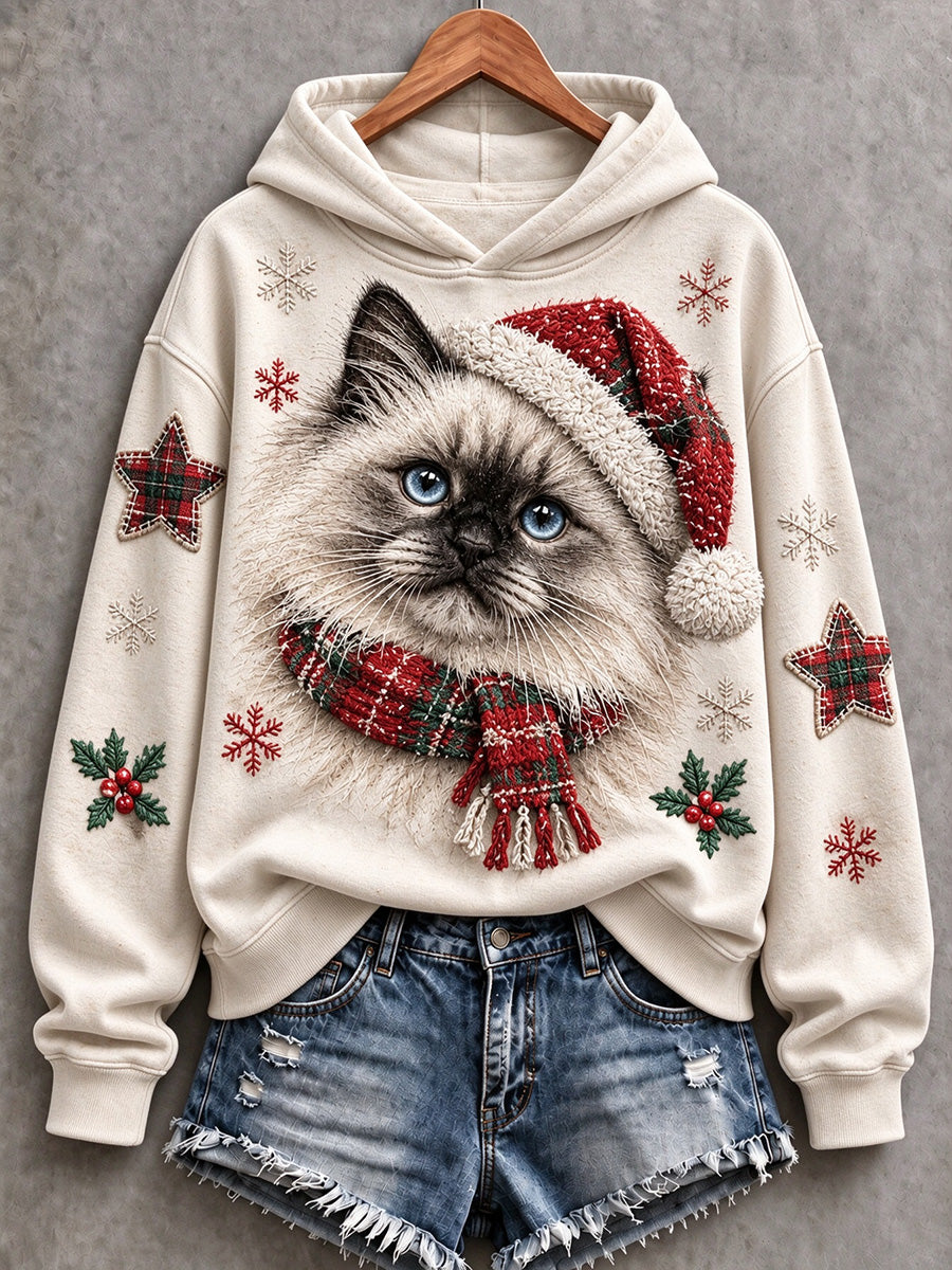 Women's Vintage Cute Christmas Cat Print Cozy Hoodie