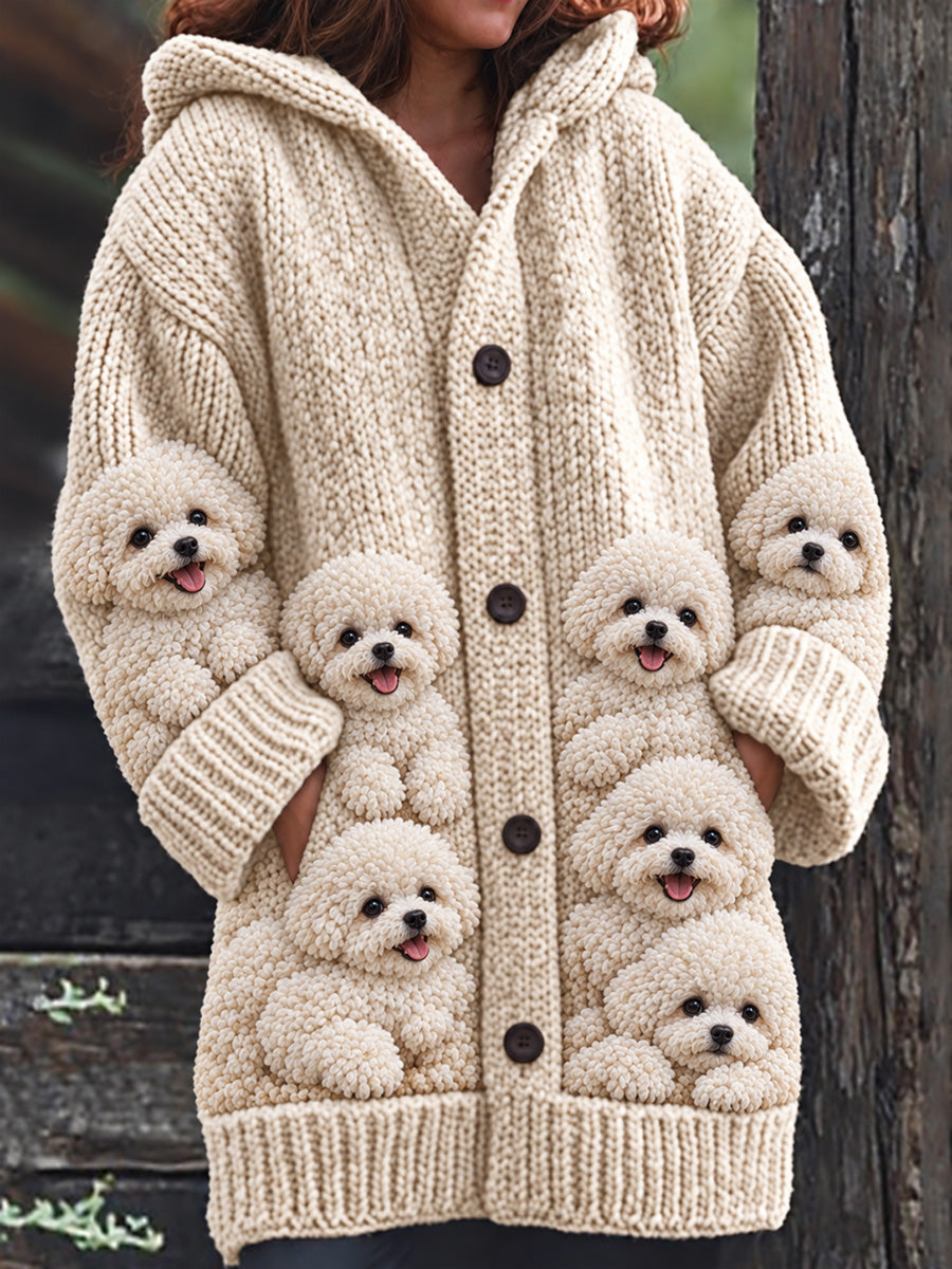 Women's Vintage Crowded Bichon Frise Dogs Print Cozy Composite Fleece Long Coat