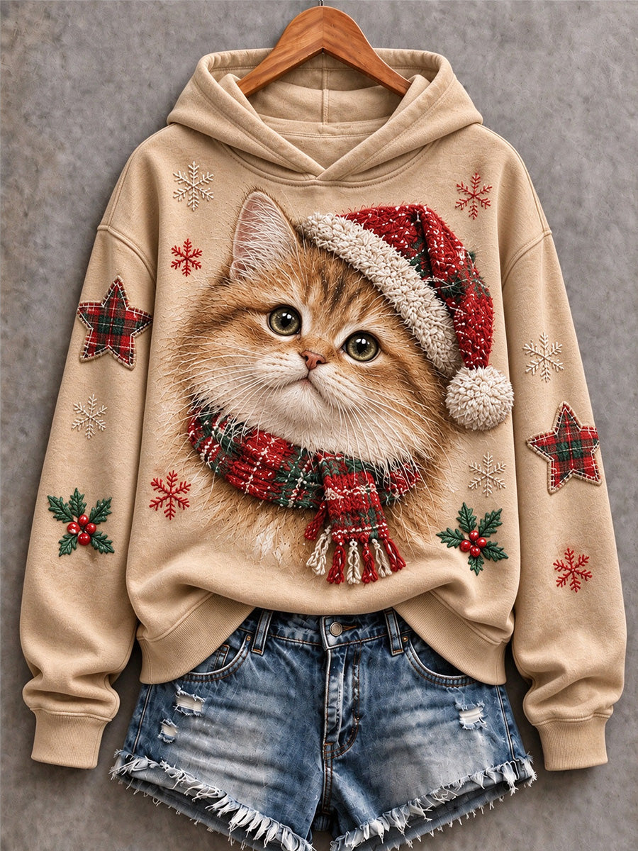 Women's Vintage Cute Christmas Cat Print Cozy Hoodie