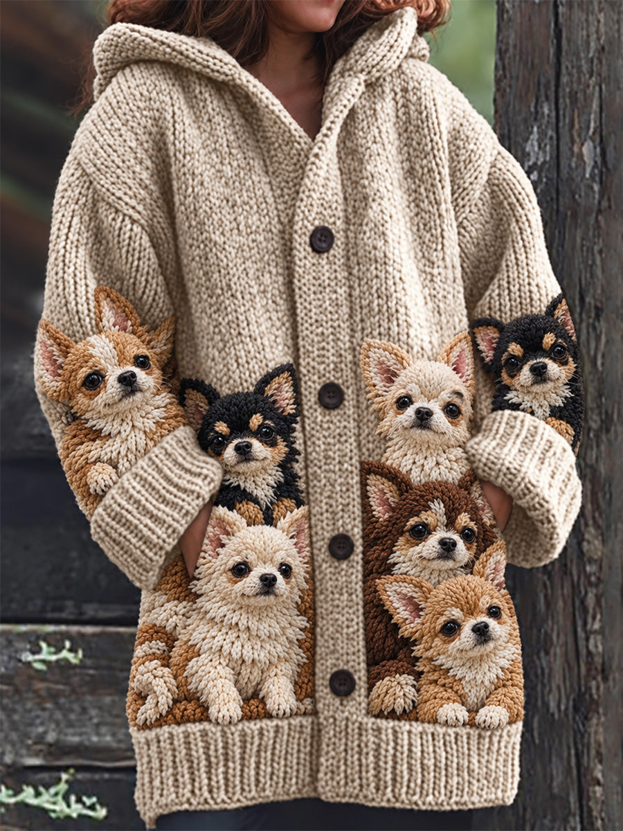 Women's Vintage Crowded Chihuahua Dogs Print Cozy Composite Fleece Long Coat