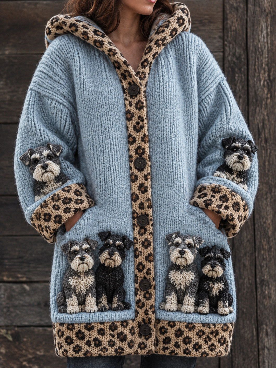 Women's Schnauzers Pattern Causal Composite Fleece Long Coat