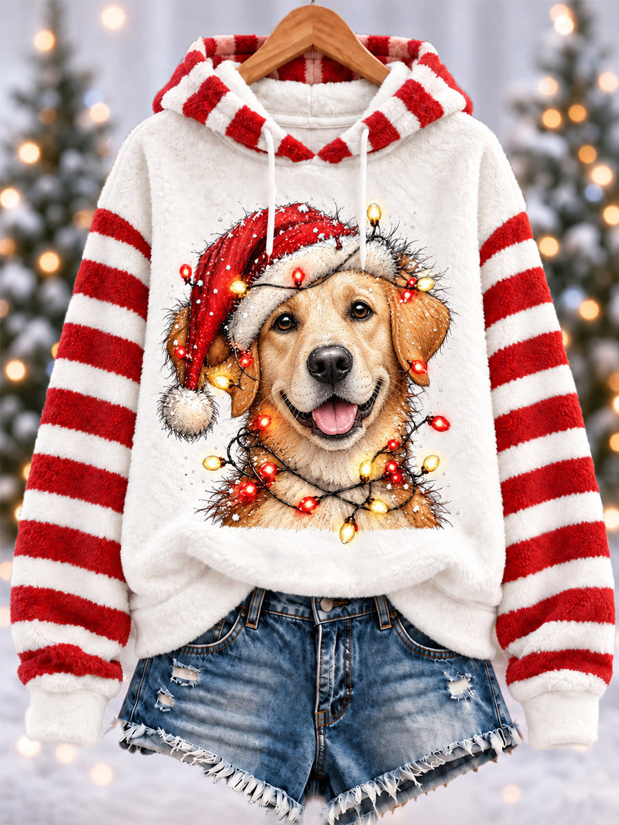 Women's Cute Christmas Dog Print Casual Flannel Hoodie
