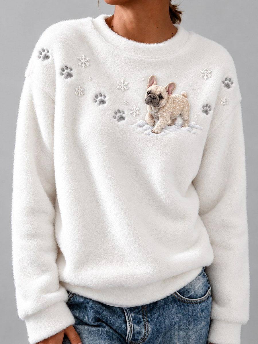 Women's French Bulldog in the Snow Paw Prints & Snowflakes Print Flannel Sweatshirt