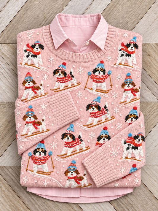 Women's Cute Skiing Dogs Print Crew Neck Sweater