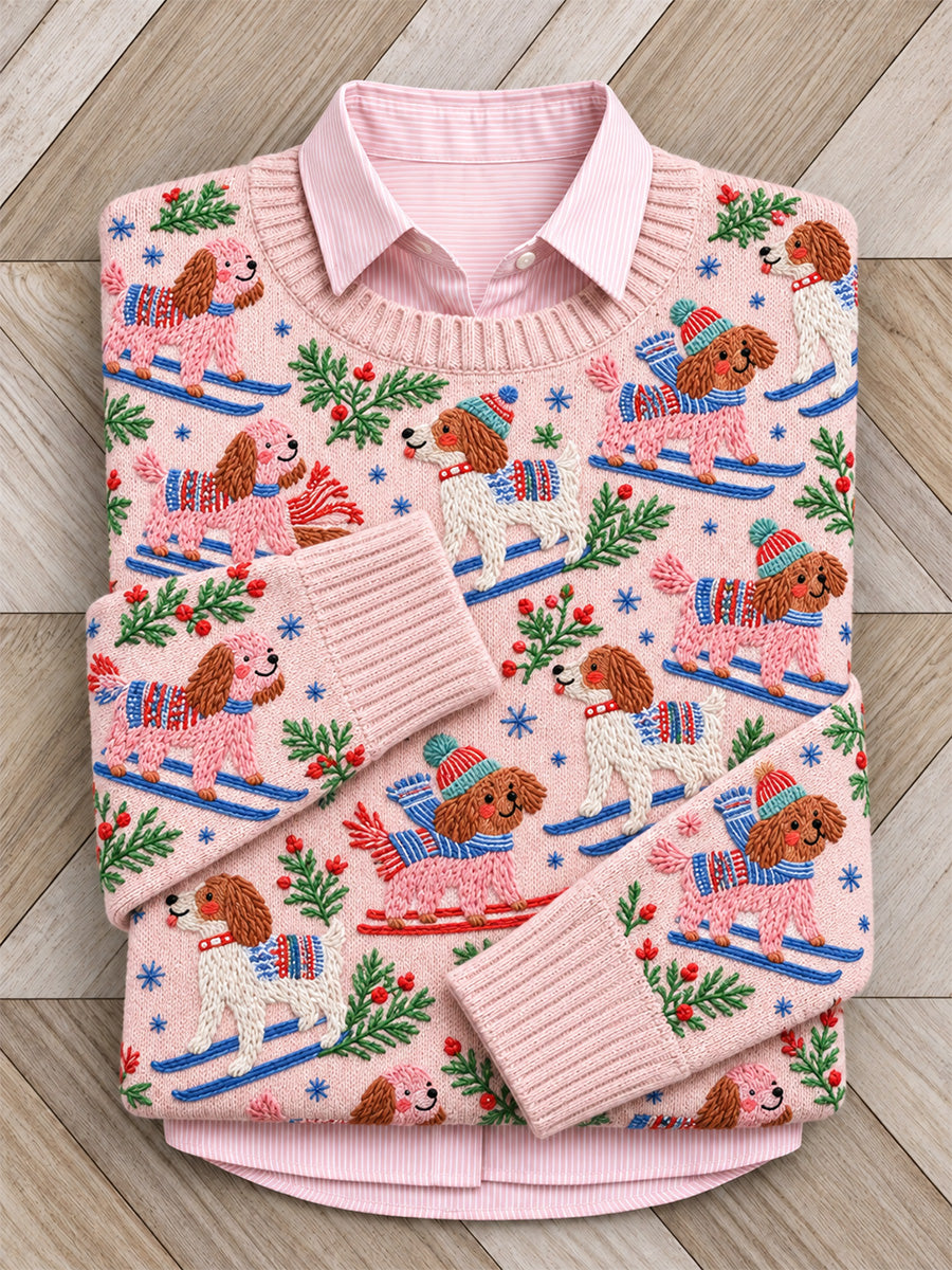 Women's Cute Skiing Dogs Print Crew Neck Sweater
