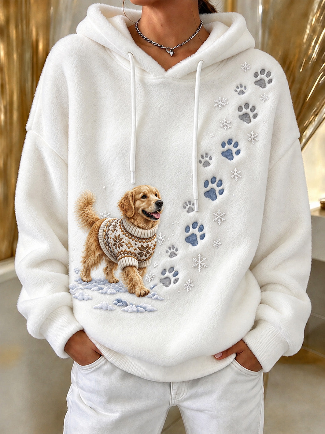 Women's Winter Golden Retriever Pattern Causal Flannel Hoodie