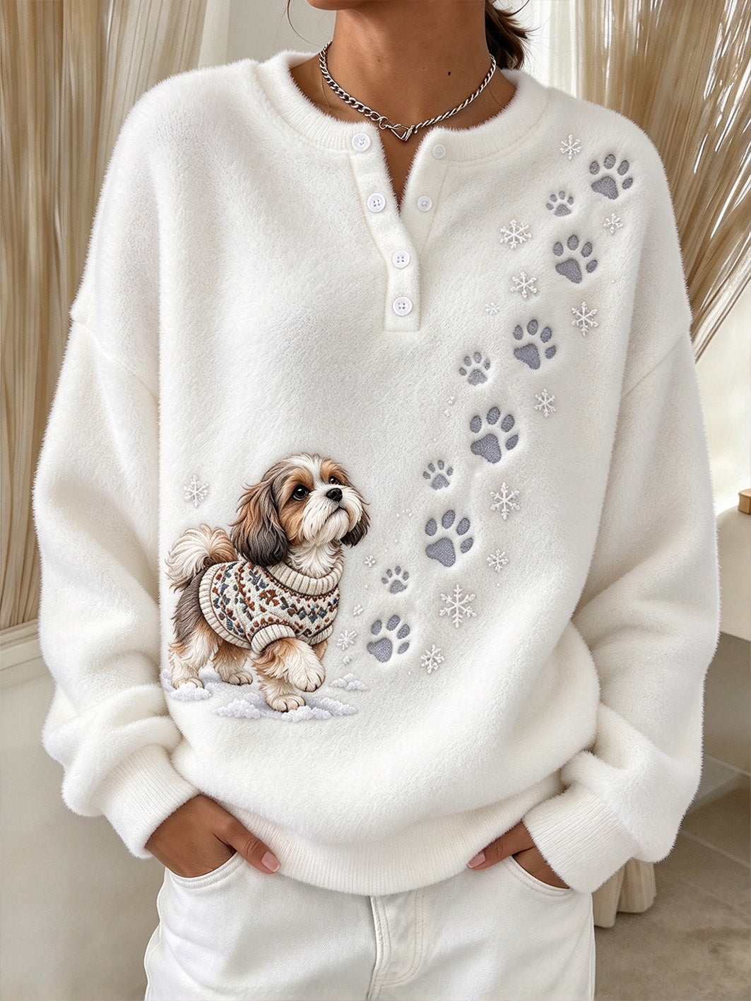 Women‘s Shih Tzu Pattern Causal Long-sleeve Flannel Cardigan