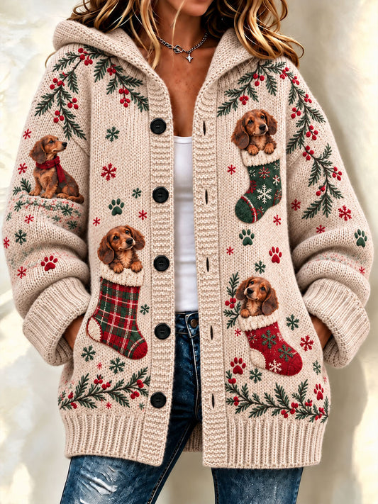 Women's  Christmas Funny Dog Art Composite Fleece Long Coat