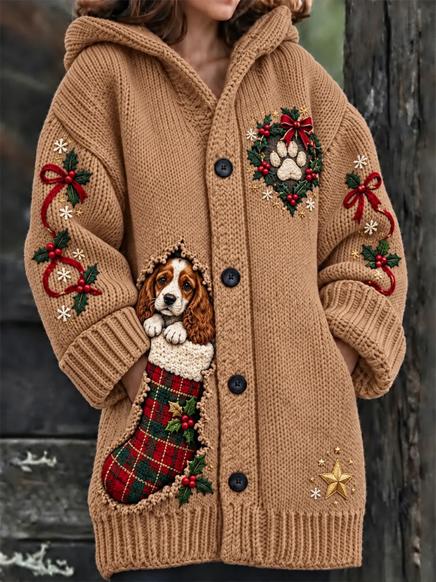 Women's Christmas Funny Dog Art Print Composite Fleece Long Coat