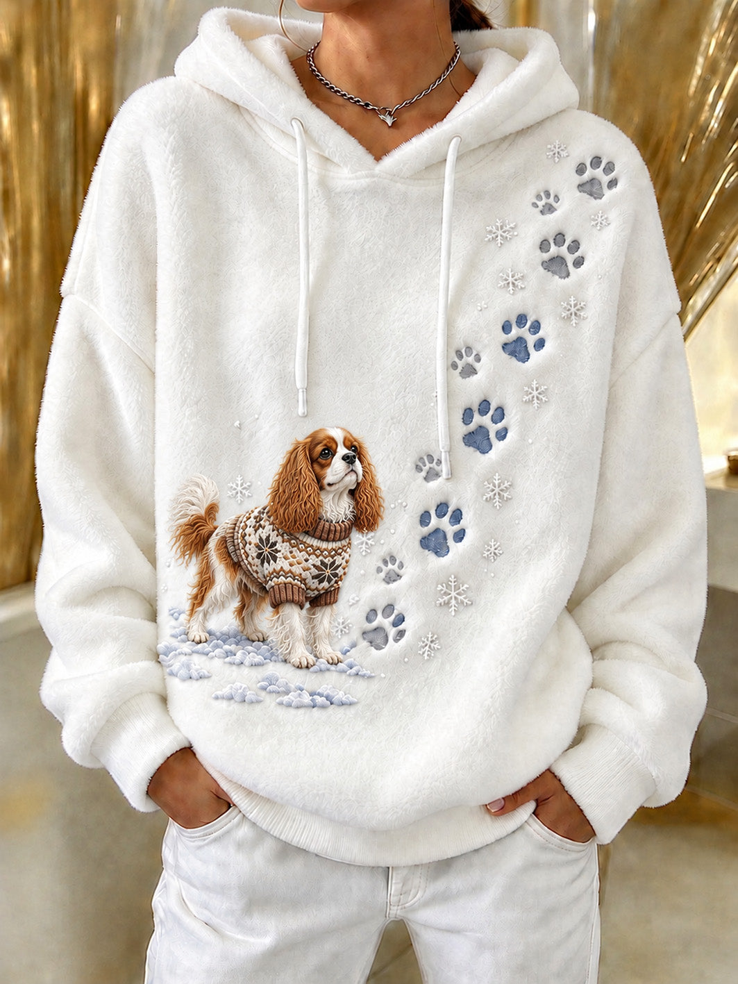 Women's Winter Cavalier King Charles Spaniel Pattern Causal Flannel  Hoodie