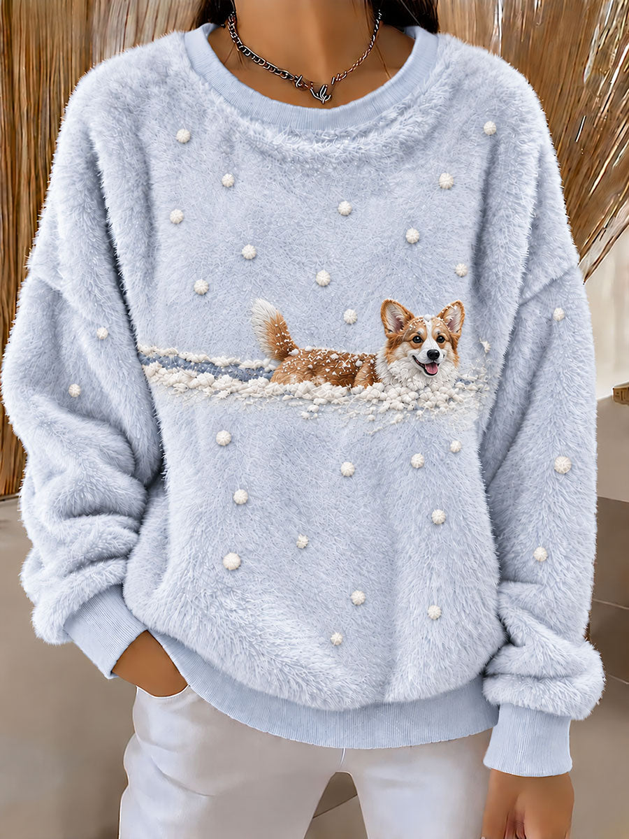 Women’s Corgi in the Snow Winter Printed Casual Flannel Sweatshirt