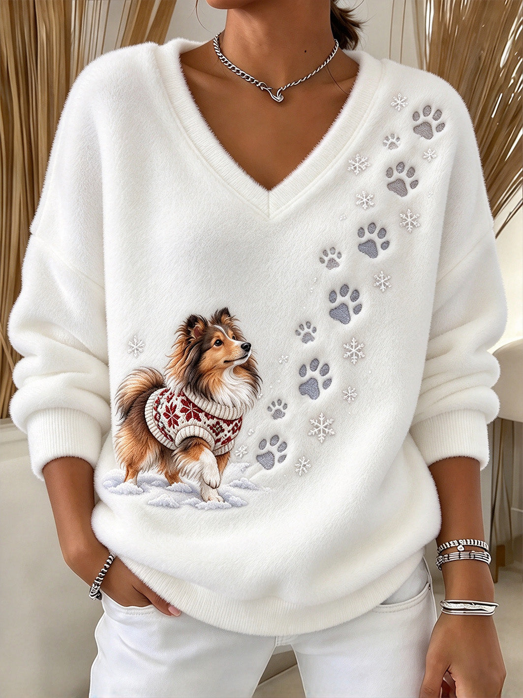 Women's Winter Shetland Sheepdog Pattern Causal V-neck Flannel Top