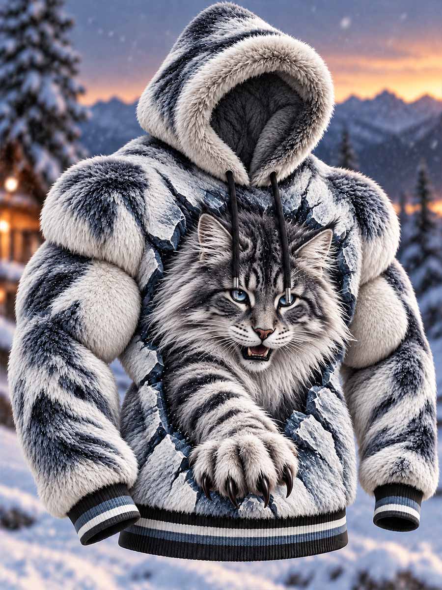 Men's Nordic Cat Pattern Printed Flannel Hoodie