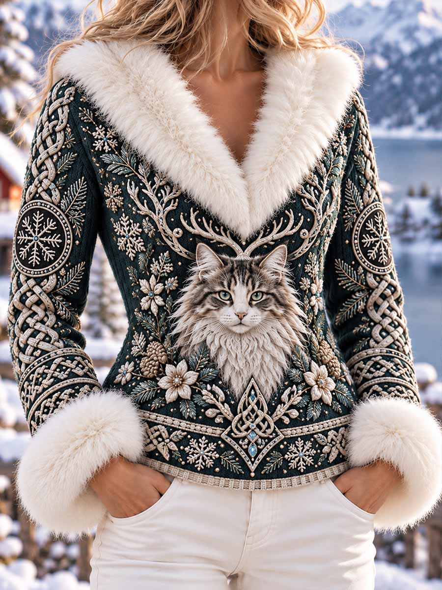 Women's Winter Lynx Pattern Printed Long Sleeve T-Shirt