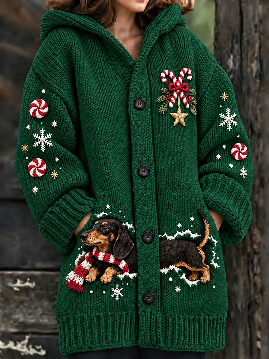 Women's Christmas Funny Dog Art Print Composite Fleece Long Coat