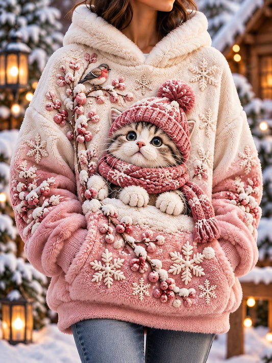 Women's Winter Animal Patchwork Print Casual Hooded Sweatshirt