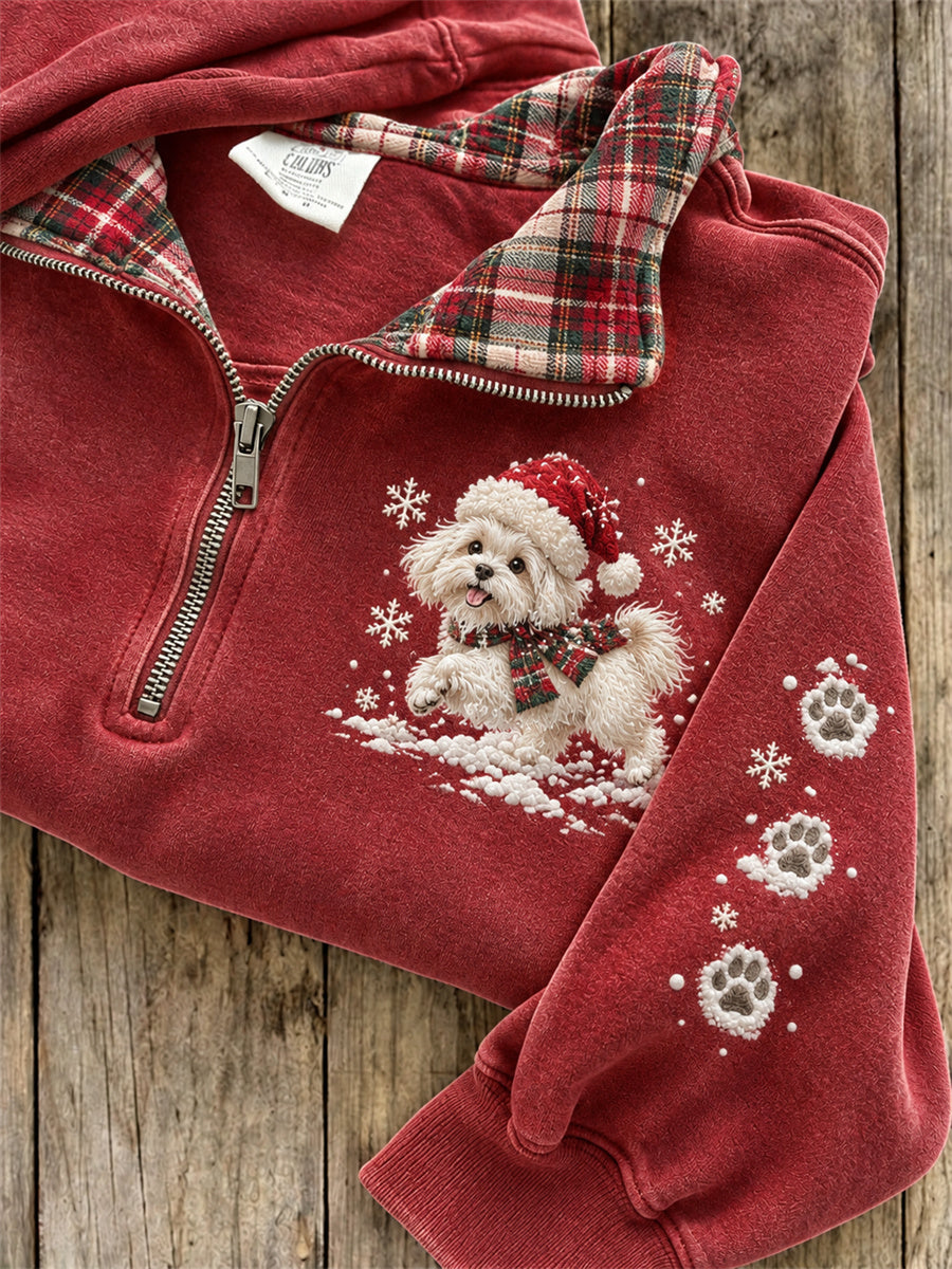 Women's Snowy Christmas Maltese Dog & Paw Prints Plaid Print Sweatshirt
