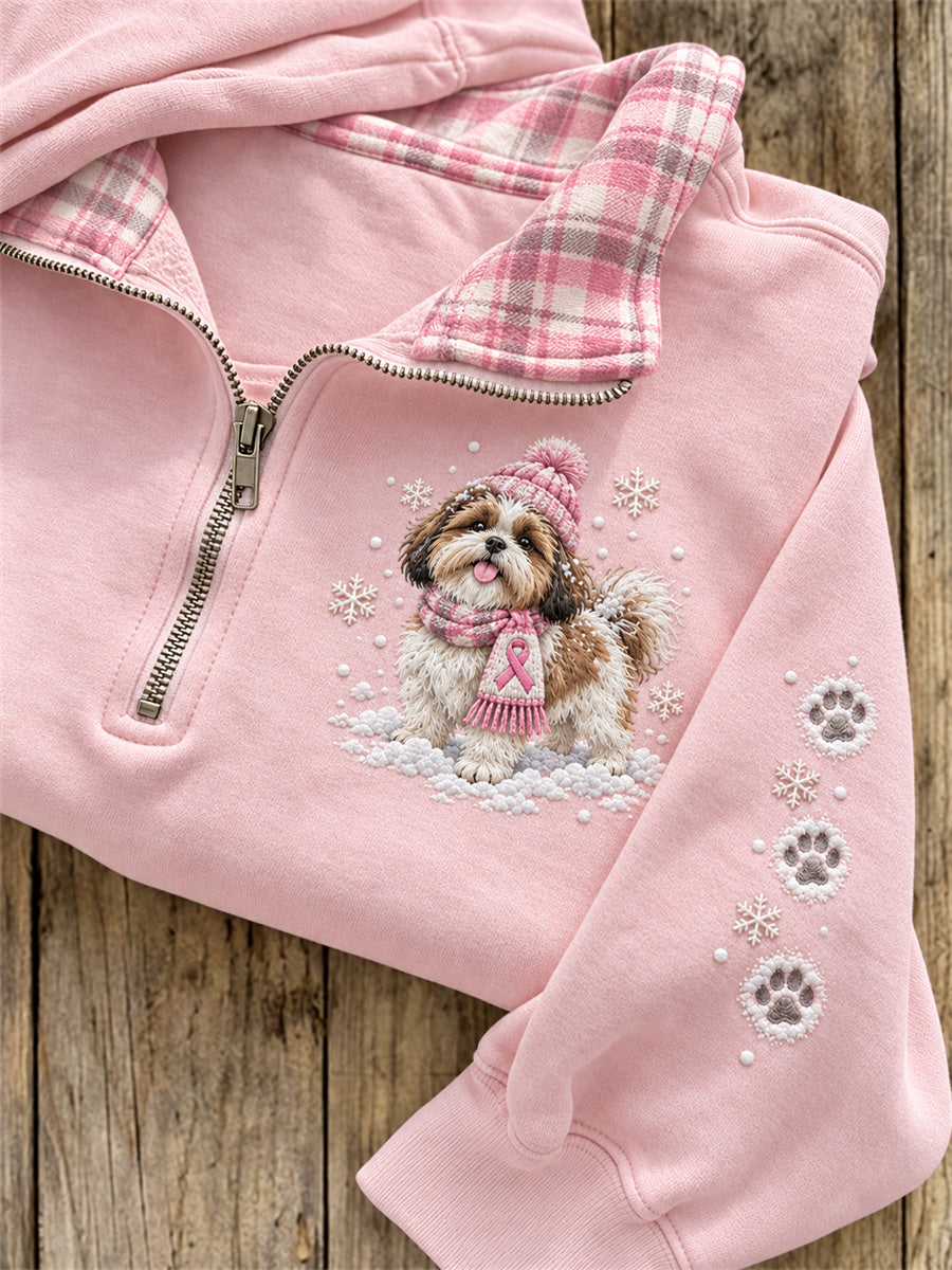 Women's Snowy Winter Shih Tzu Dog Breast Cancer Pink Ribbon Plaid Print Zip Up Sweatshirt