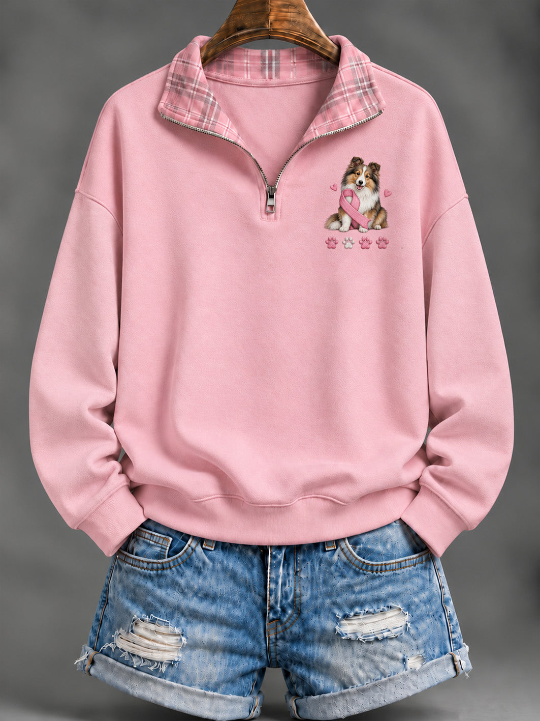 Women's Pink Charity Ribbon And Shetland Sheepdog Pattern Checkered Design Casual Half-Zip Sweatshirt