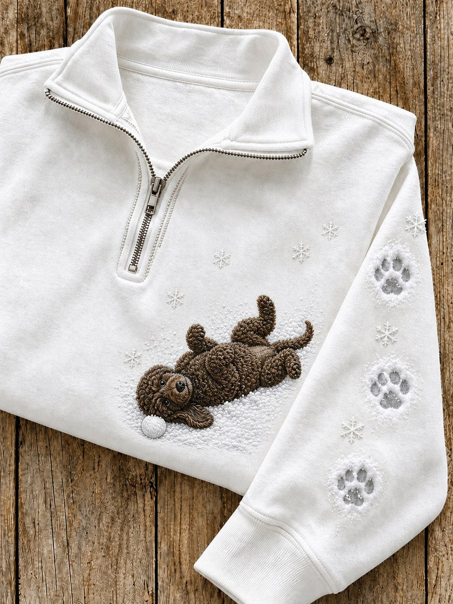 Women's Snowy Winter Portuguese Water Dog In the Snow Print Zip Up Sweatshirt