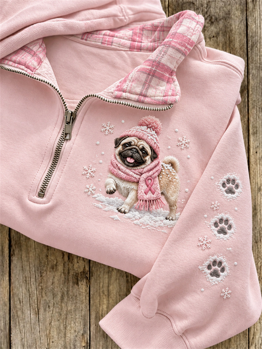 Women's Snowy Winter Pug Dog Breast Cancer Pink Ribbon Plaid Print Zip Up Sweatshirt