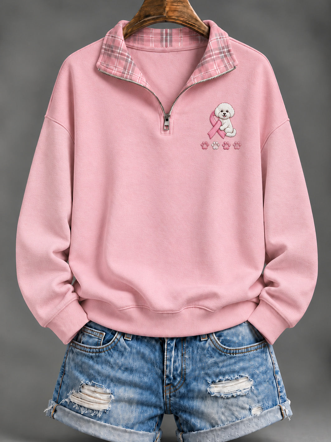 Women's Pink Charity Ribbon And Bichon Frise Pattern Checkered Design Casual Half-Zip Sweatshirt